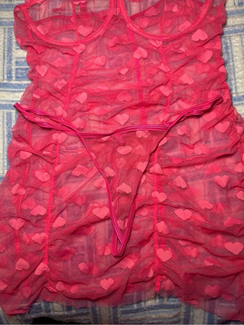 Hot Pink Ruffle Heart Design Sheer Lingerie Nightgown Teddy  Matching G-String
